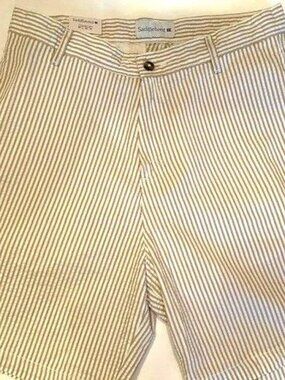 "Saddlebred" Size Waist "30" Flat Front Seersucker Shorts (07812) - Tan/White